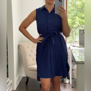 New! Calypso St Barth, Navy Sleeveless Shirt Dress with Embroidered Palm Trees S